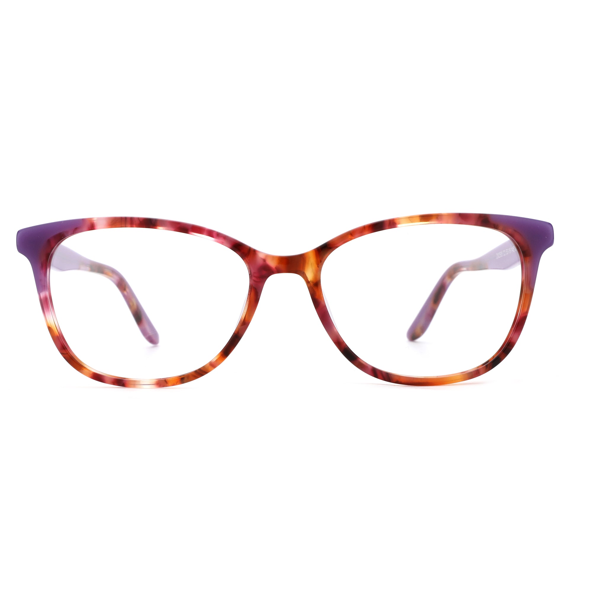 ZENOTTIC Komorebi acetate eyeglasses with tortoiseshell front and purple temples, clear lenses.