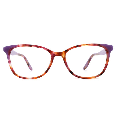 ZENOTTIC Komorebi acetate eyeglasses with tortoiseshell front and purple temples, clear lenses.