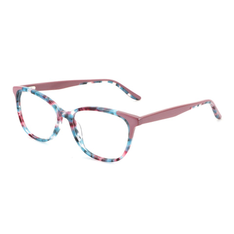 ZENOTTIC Komorebi round acetate eyeglasses with marbled pink, blue, white front and rose temples.