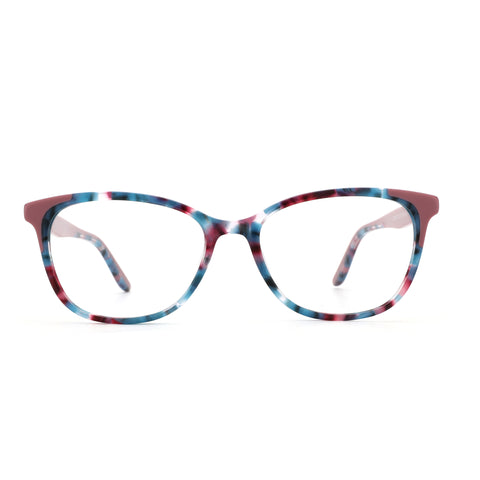 ZENOTTIC Komorebi clear acetate eyeglasses with blue, pink, white marbled pattern.