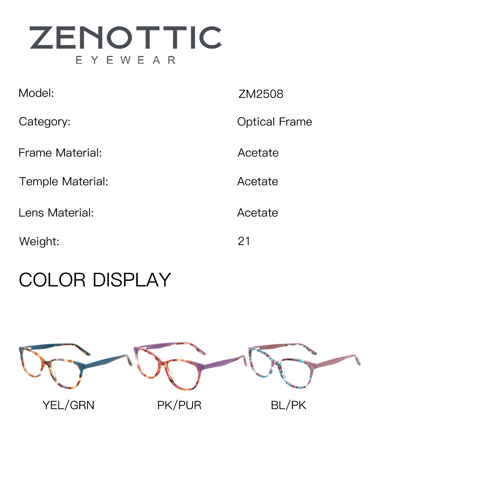 Zenottic ZM2508 Komorebi acetate round eyeglasses in YEL/GRN, PK/PUR, BL/PK.