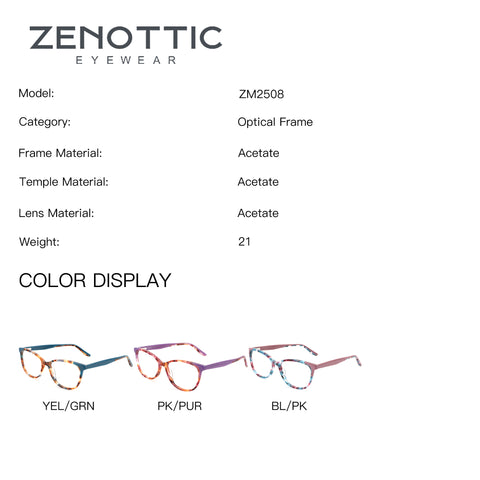 Zenottic ZM2508 Komorebi acetate round eyeglasses in YEL/GRN, PK/PUR, BL/PK.