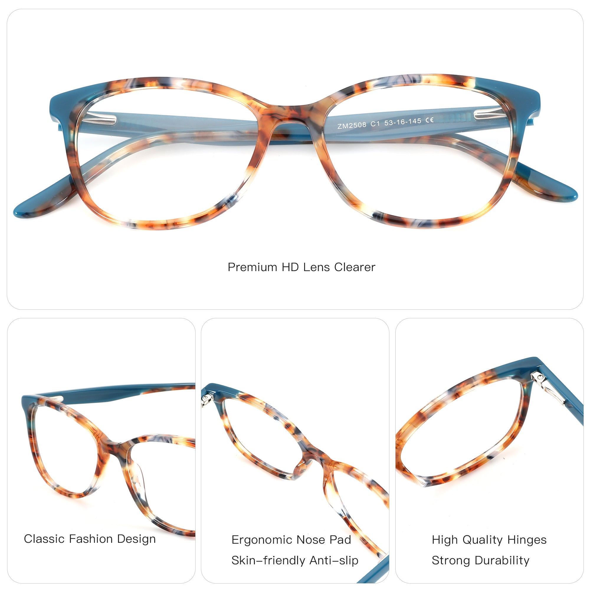 ZENOTTIC Komorebi ZM2508 C1 round acetate glasses, marbled blue/brown frame, clear lenses.