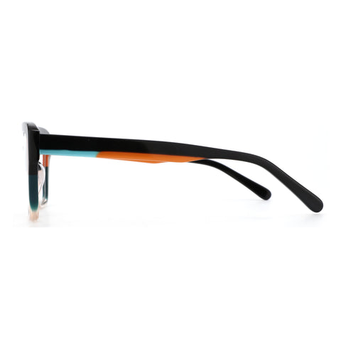 Zenottic Milky Way square acetate glasses. Black full-rim with blue and orange stripes on temples.