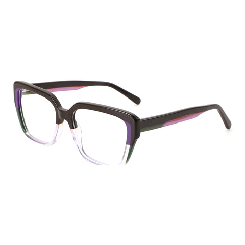 Zenottic Milky Way eyeglasses: brown square acetate frame with striking purple, green, pink gradient accents.