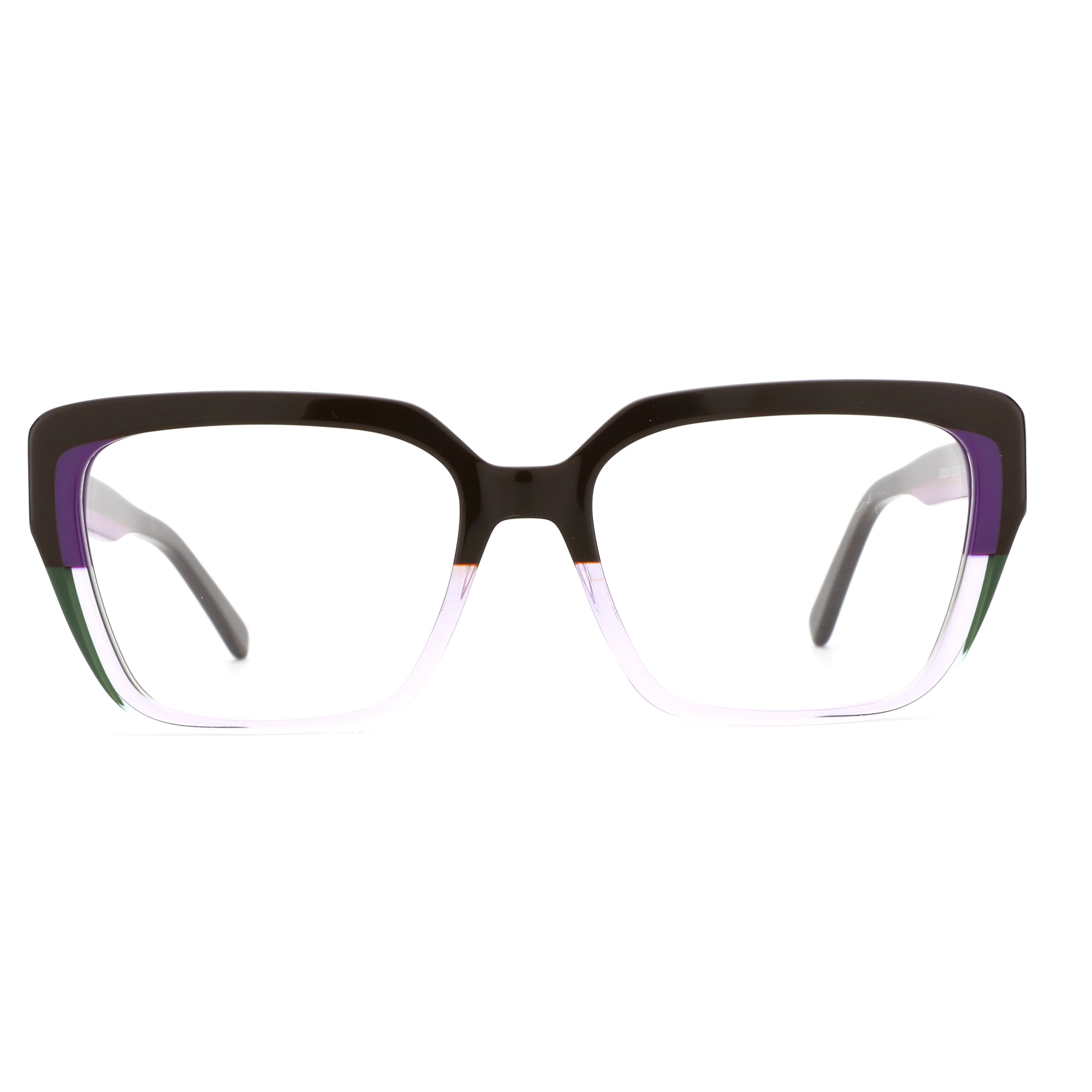 Zenottic Milky Way square acetate eyeglasses with black, purple, green, and gradient clear frame.