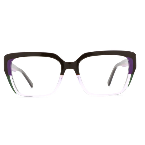 Zenottic Milky Way square acetate eyeglasses with black, purple, green, and gradient clear frame.