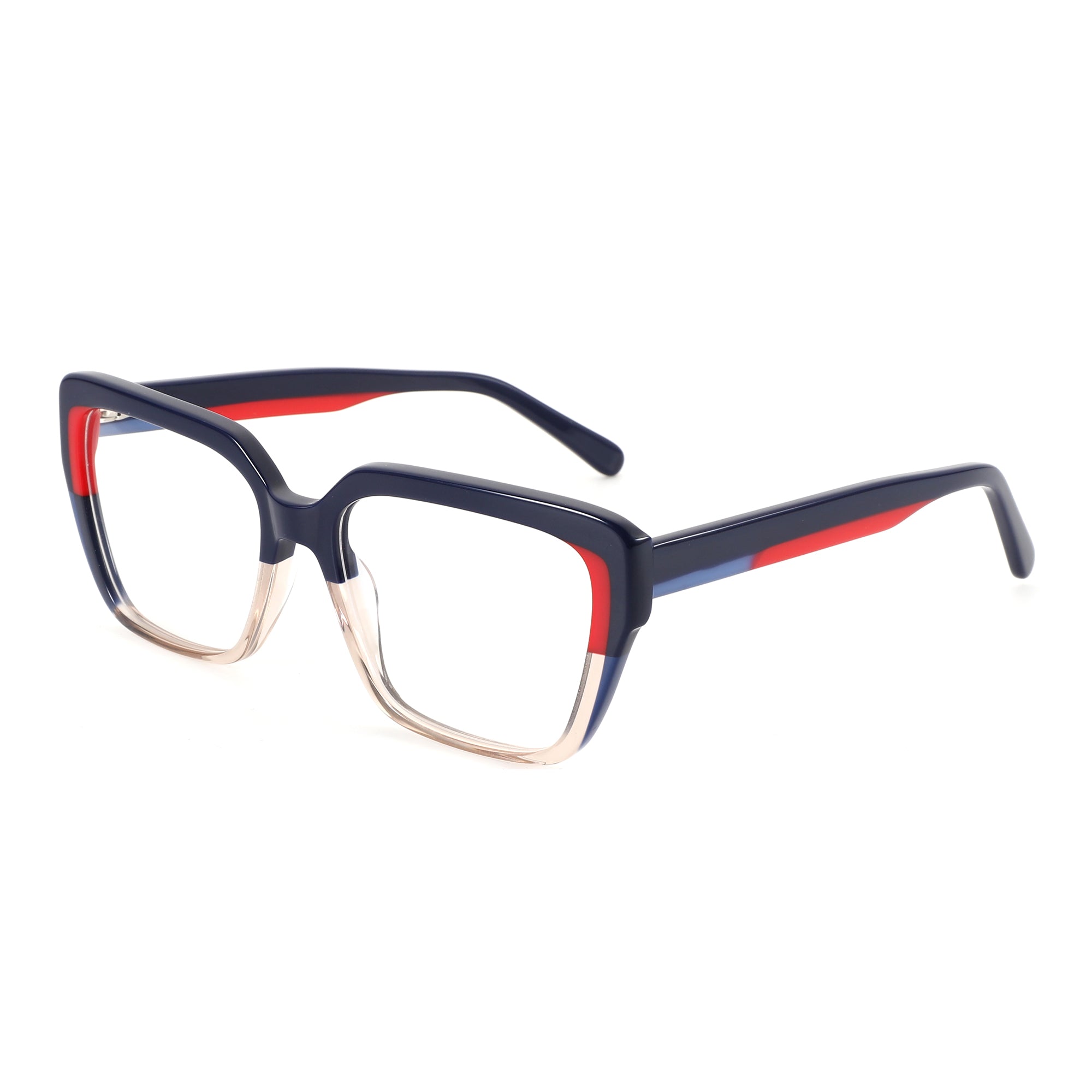 Zenottic Milky Way eyeglasses: navy blue square acetate frame with red/blue accent stripes.