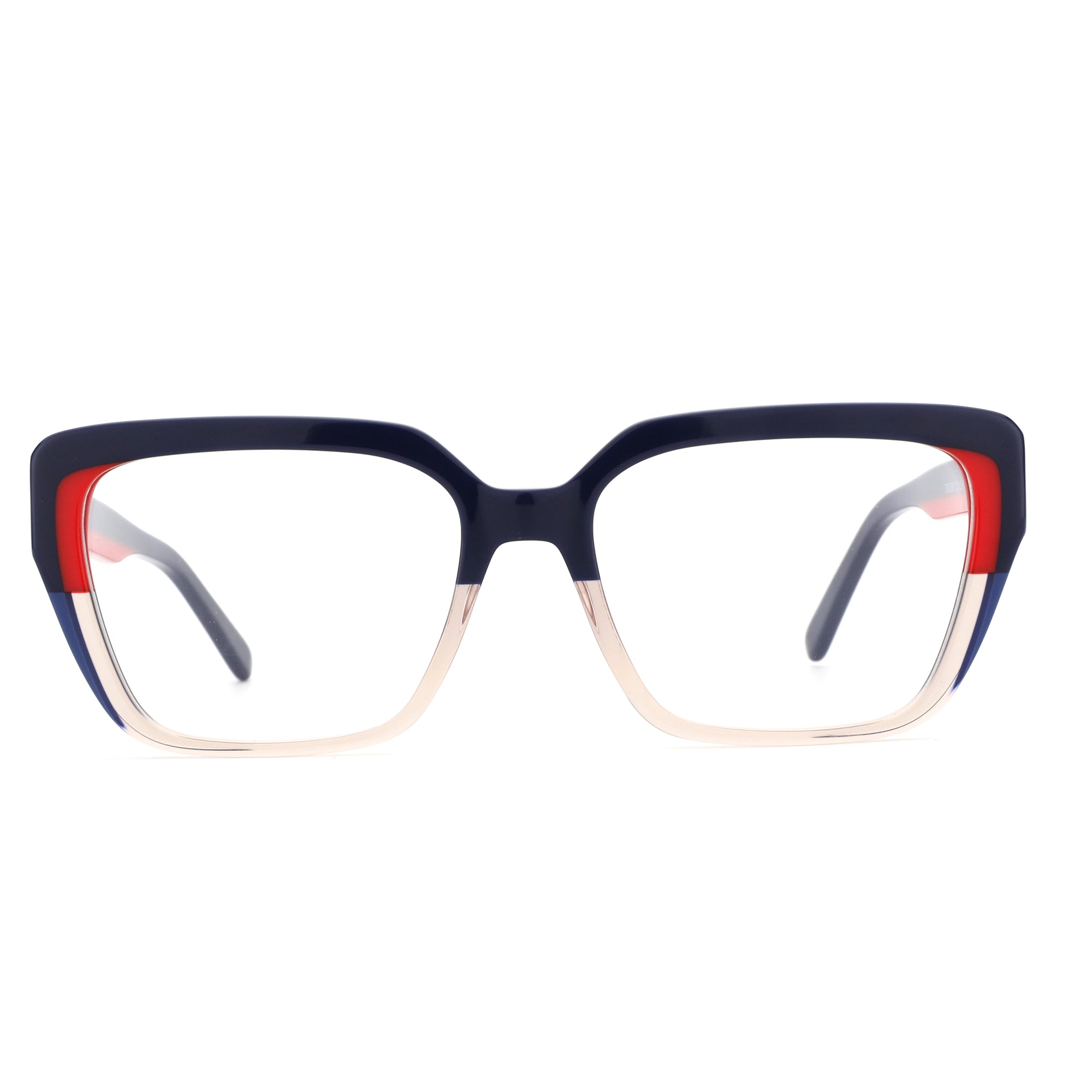 Zenottic Milky Way square acetate eyeglasses with red, blue, and gold accents.