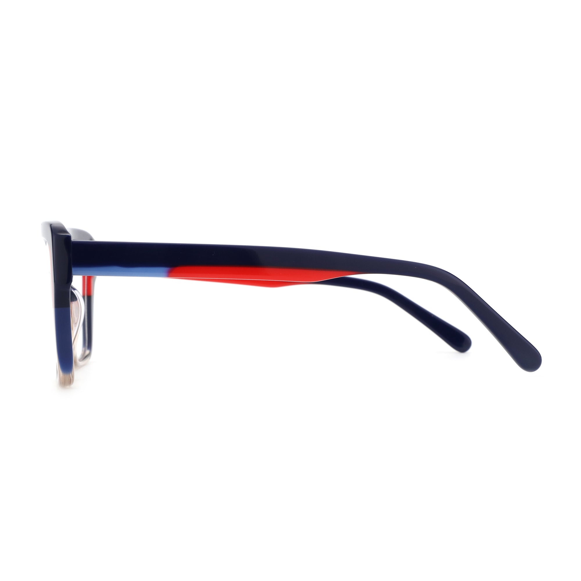 ZENOTTIC navy acetate square eyeglasses with red and blue striped temple arms. Fashion accessory.