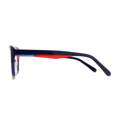 ZENOTTIC navy acetate square eyeglasses with red and blue striped temple arms. Fashion accessory.