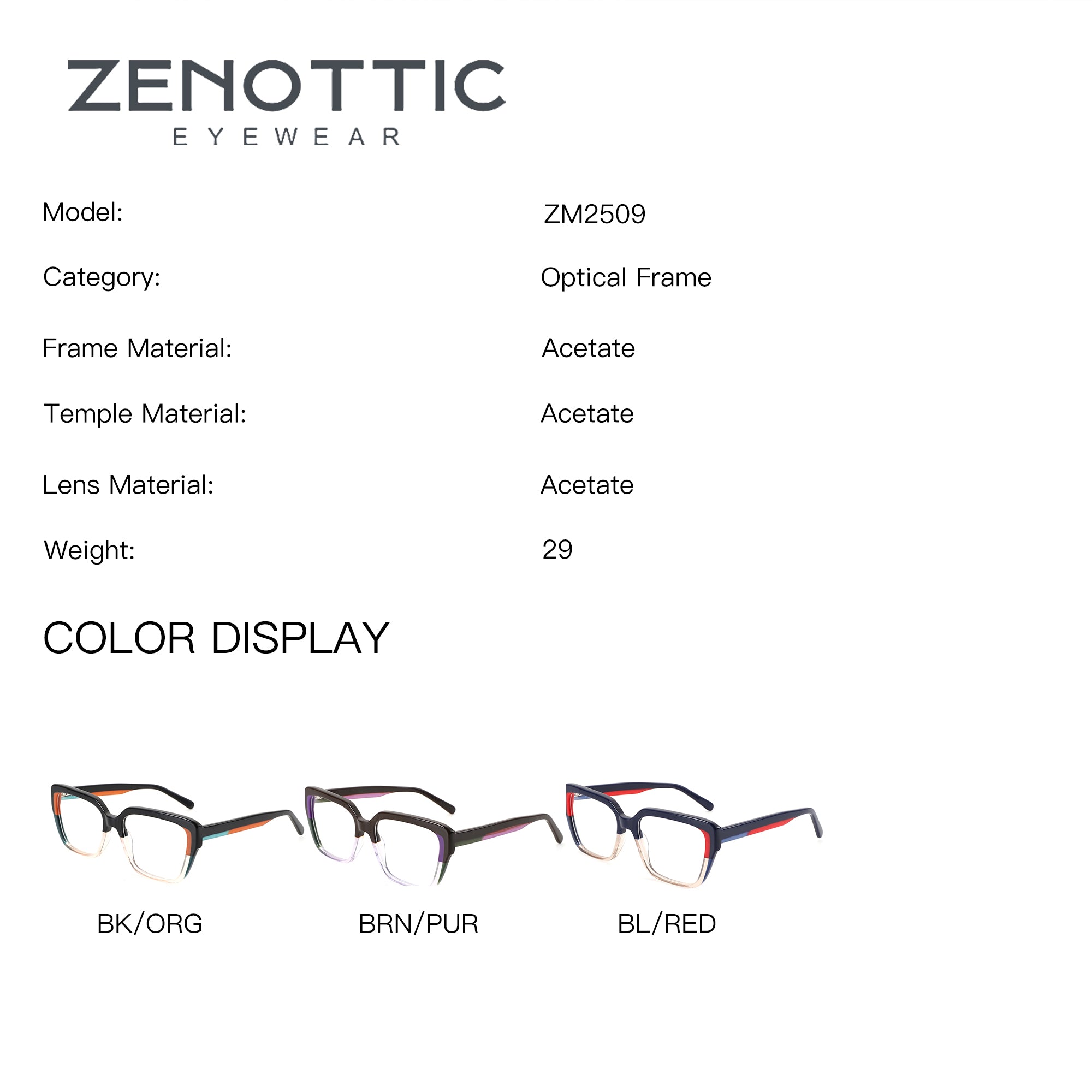 ZENOTTIC ZM2509 acetate eyeglasses: BK/ORG, BRN/PUR, BL/RED color options
