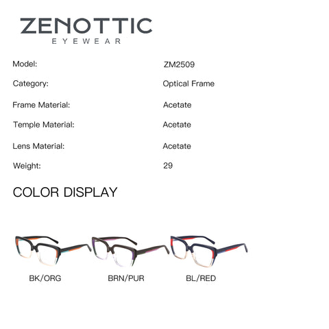 ZENOTTIC ZM2509 acetate eyeglasses: BK/ORG, BRN/PUR, BL/RED color options