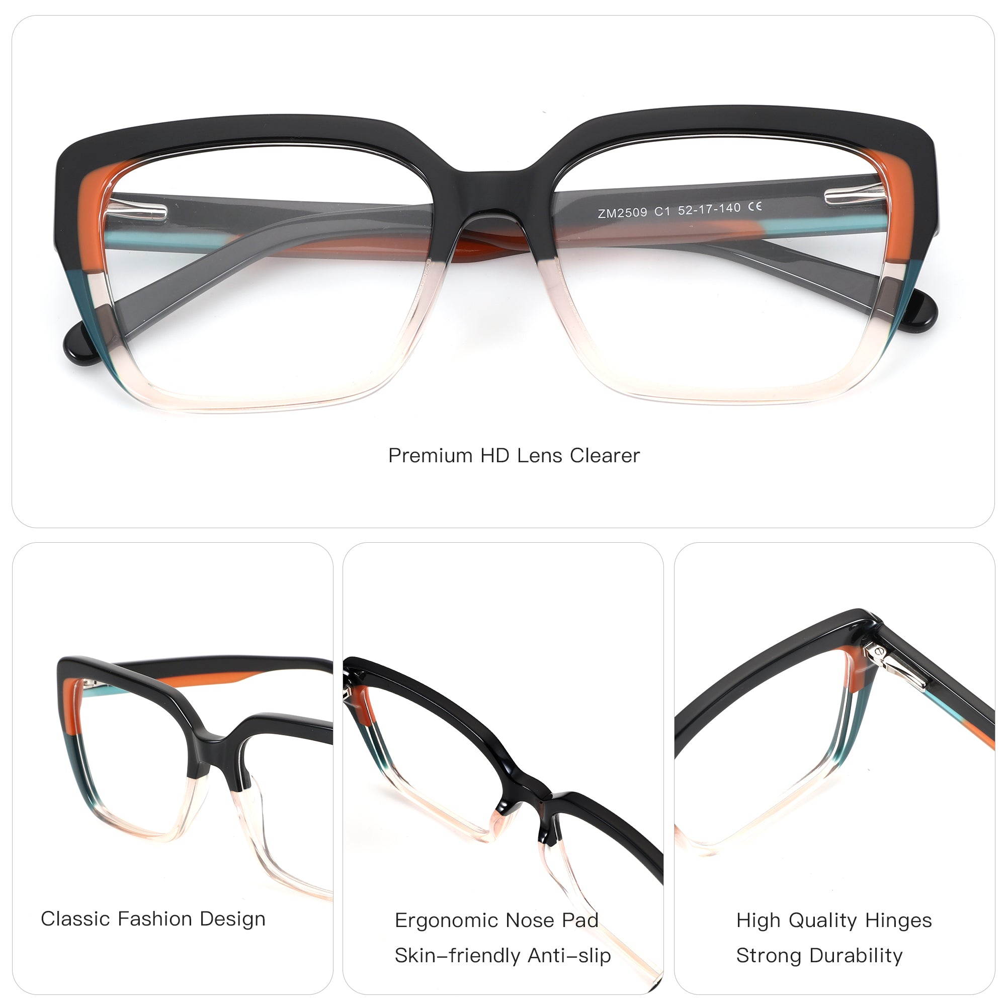 Zenottic square acetate eyeglasses with gradient black, orange, and teal frame, clear lenses.