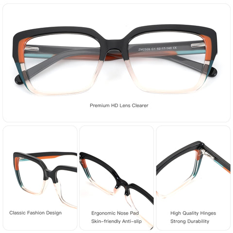 Zenottic square acetate eyeglasses with gradient black, orange, and teal frame, clear lenses.