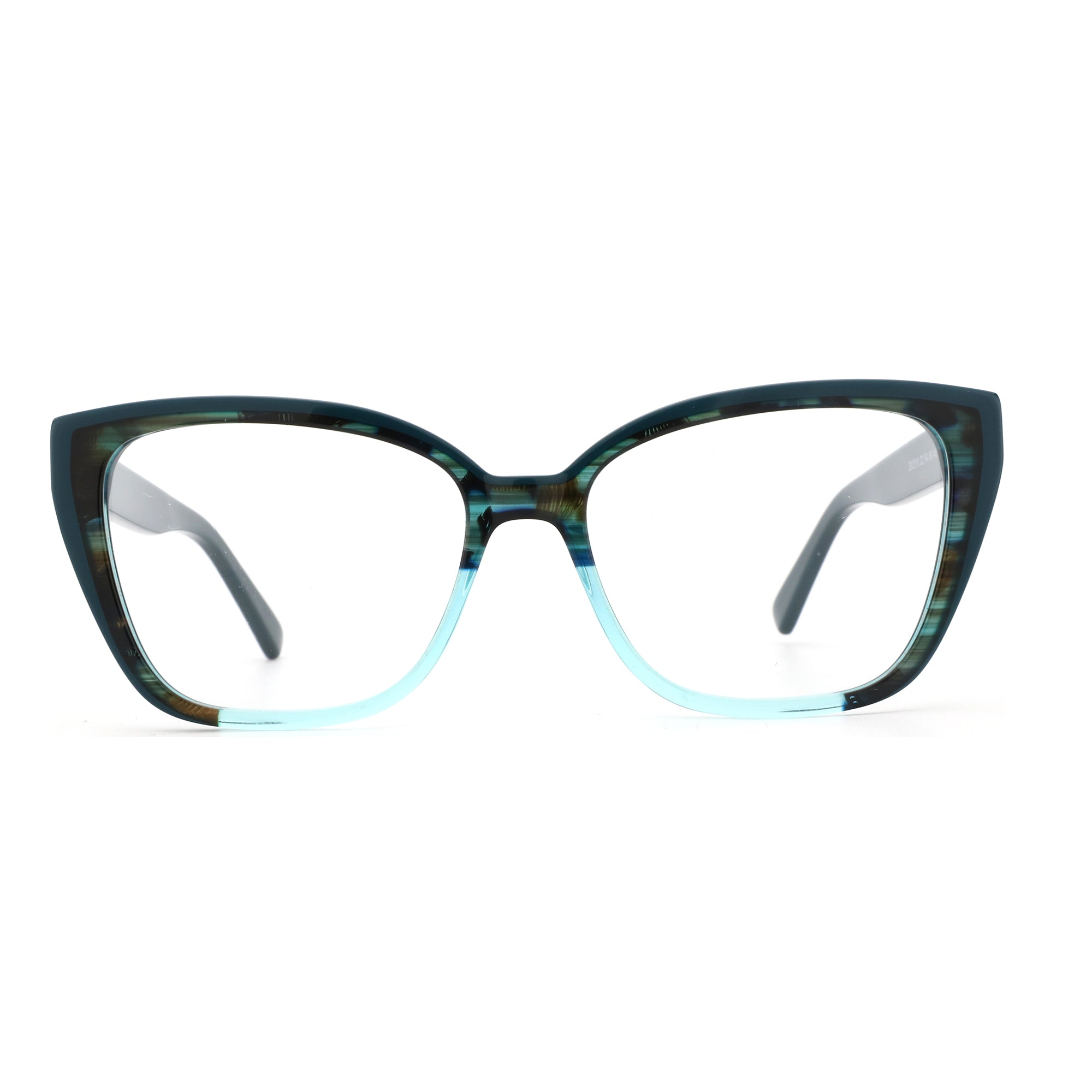 ZENOTTIC Gezelligheid acetate cat-eye eyeglasses: marbled teal & brown front with blue gradient.