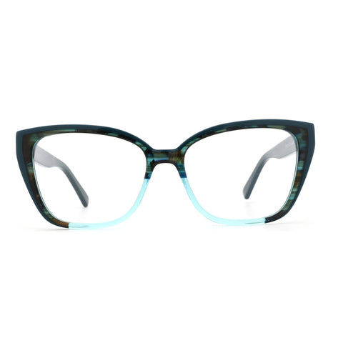ZENOTTIC Gezelligheid acetate cat-eye eyeglasses: marbled teal & brown front with blue gradient.