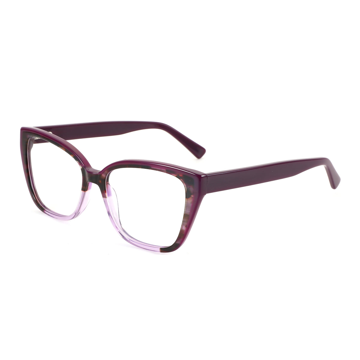Zenottic Gezelligheid eyeglasses, marbled purple acetate square frame with gradient detail.