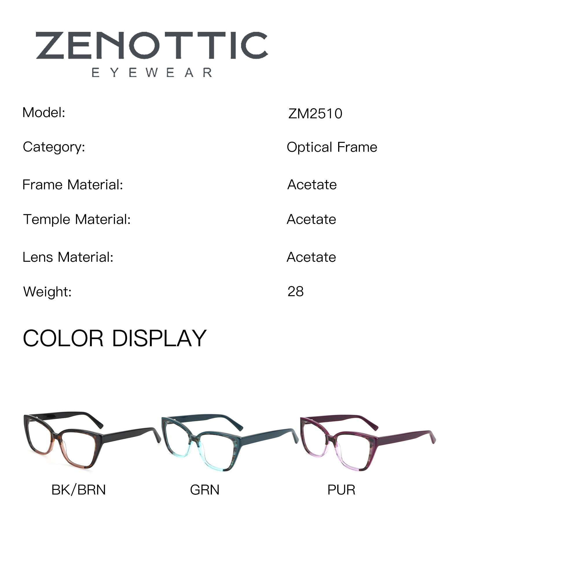 Zenottic ZM2510 square acetate eyeglasses in BK/BRN, GRN, PUR colors.