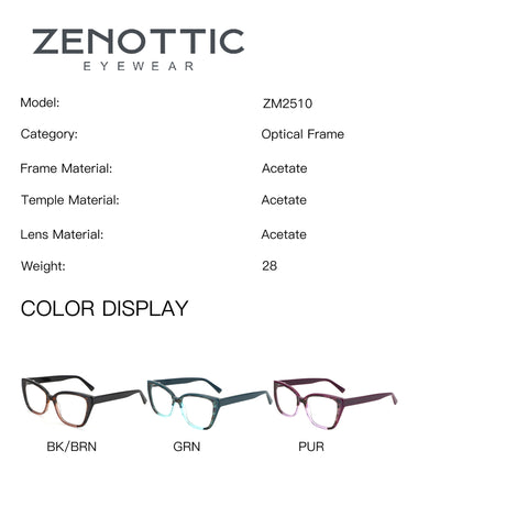 Zenottic ZM2510 square acetate eyeglasses in BK/BRN, GRN, PUR colors.