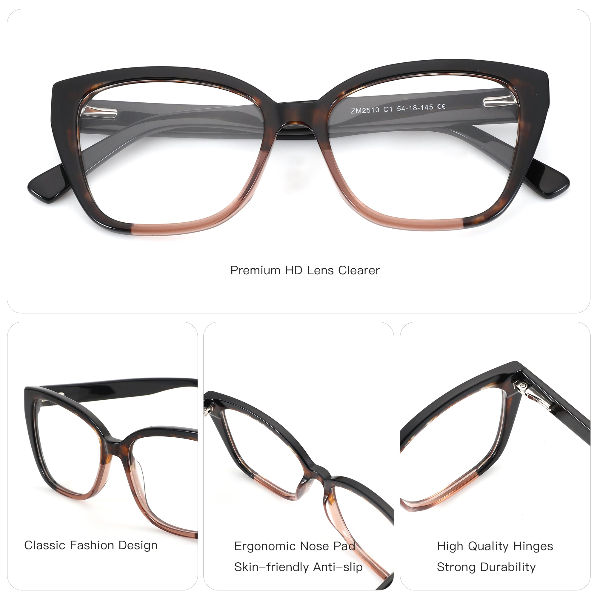 ZENOTTIC Gezelligheid square acetate eyeglasses: tortoise brown gradient frame, clear lenses.