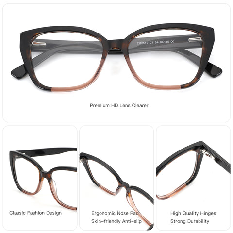 ZENOTTIC Gezelligheid square acetate eyeglasses: tortoise brown gradient frame, clear lenses.