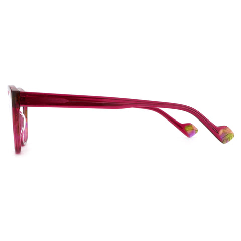 ZENOTTIC Adieudale eyeglasses: vibrant pink acetate, square frame design, with unique colorful marbled temple tips.