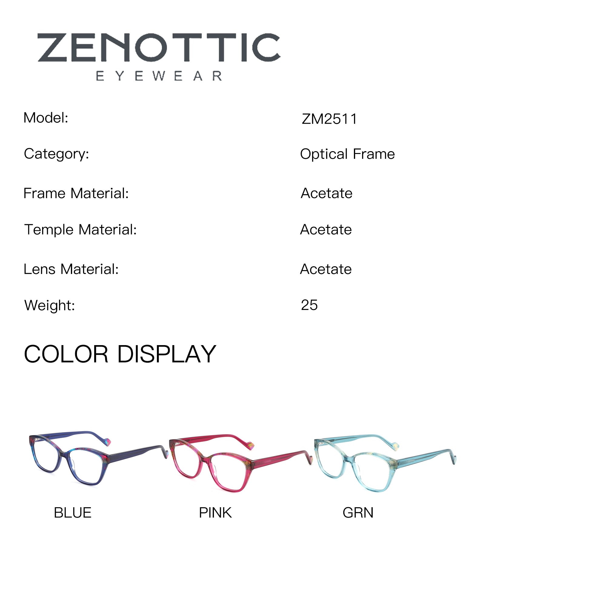 Zenottic Adieudale square acetate eyeglasses in blue, pink, and green color options.
