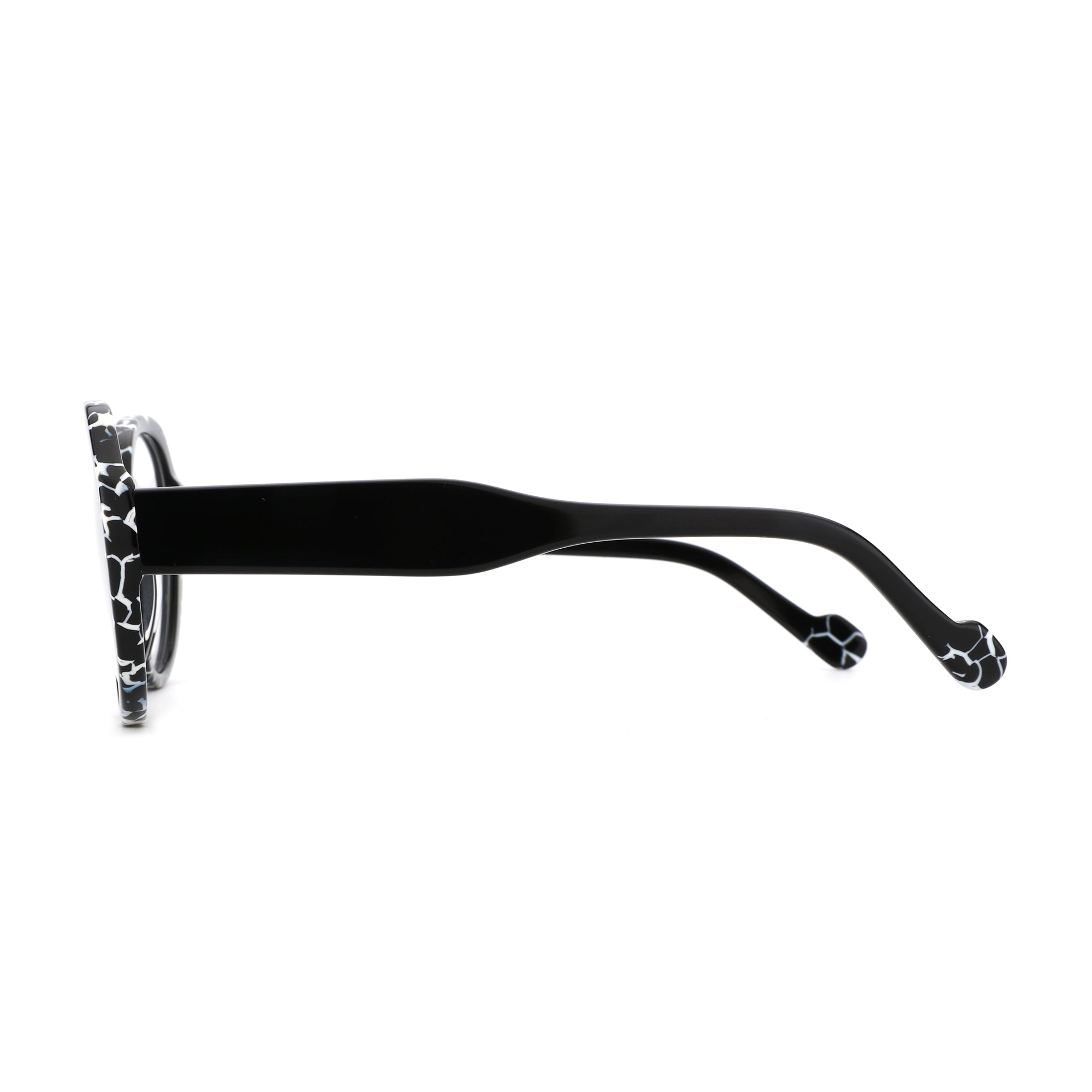 ZENOTTIC Serein women's round acetate glasses with black & white patterned details, side view.
