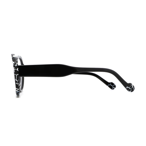 ZENOTTIC Serein women's round acetate glasses with black & white patterned details, side view.