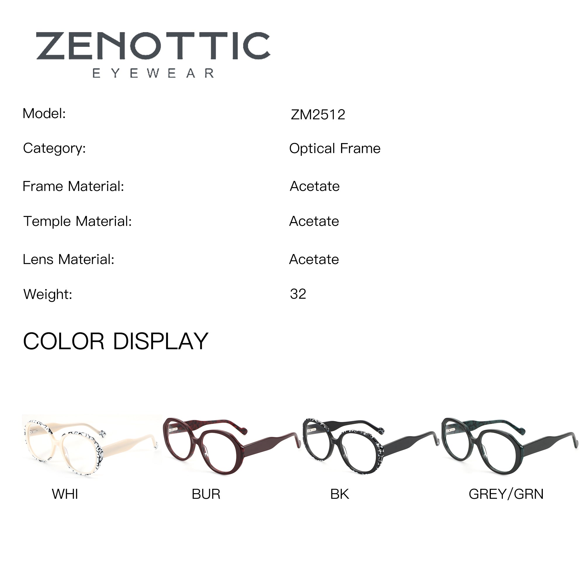 ZENOTTIC Serein ZM2512 acetate round glasses: WHI (patterned), BUR, BK (patterned), GREY/GRN.