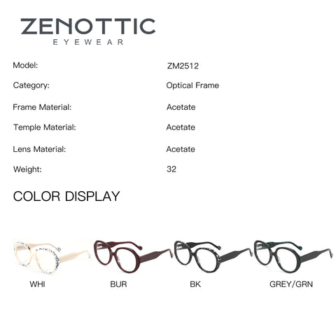 ZENOTTIC Serein ZM2512 acetate round glasses: WHI (patterned), BUR, BK (patterned), GREY/GRN.