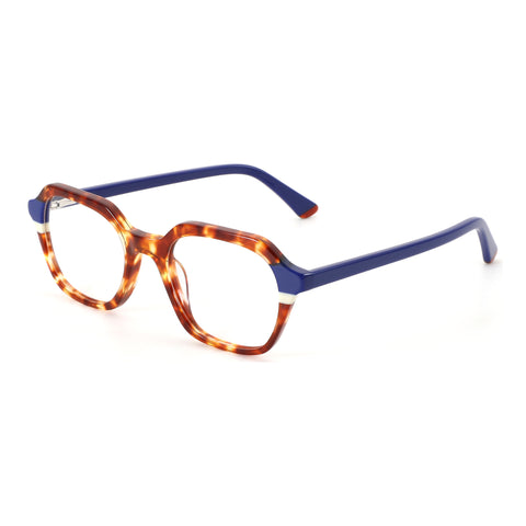 ZENOTTIC Dylan geometric eyeglasses, acetate tortoise shell front with blue temples.