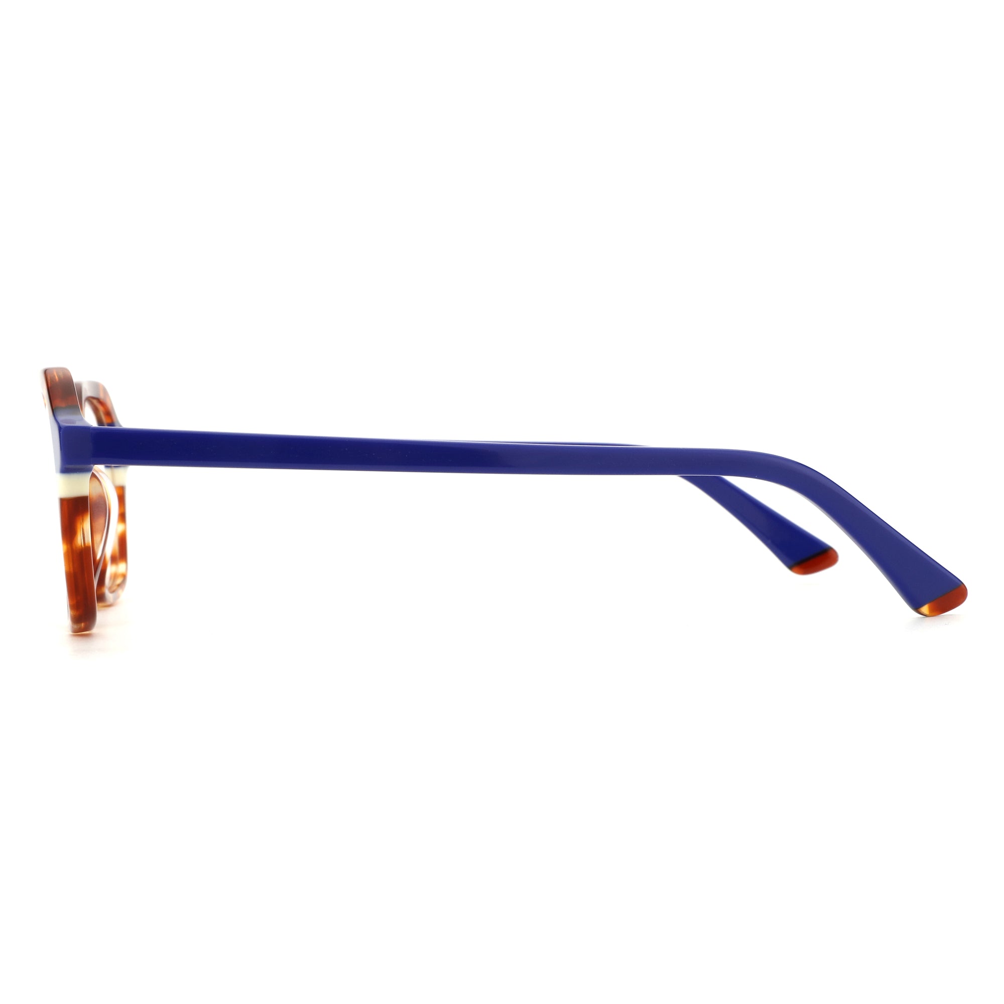 Zenottic Dylan geometric eyeglasses: blue temple, tortoiseshell acetate frame side view.