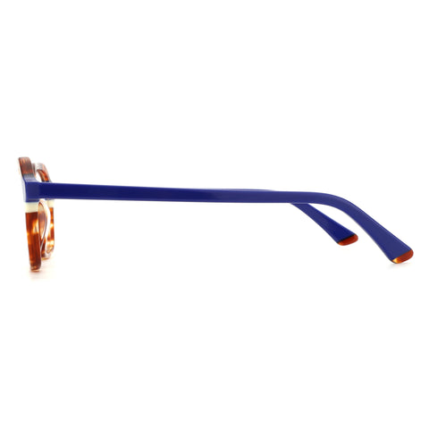 Zenottic Dylan geometric eyeglasses: blue temple, tortoiseshell acetate frame side view.
