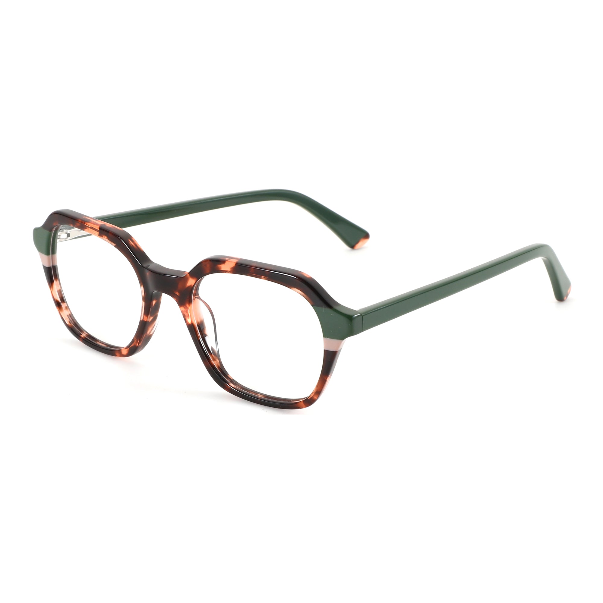 Zenottic Dylan geometric acetate eyeglasses: tortoiseshell front, green temples.