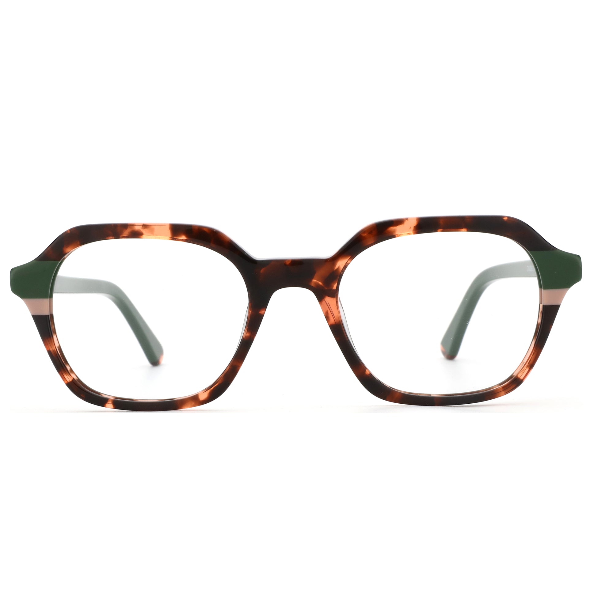 Zenottic Dylan geometric acetate glasses, tortoise shell, green temple details.
