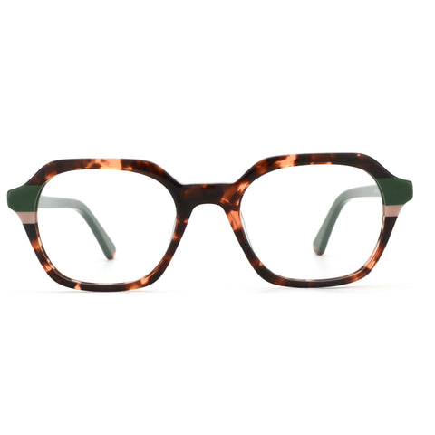 Zenottic Dylan geometric acetate glasses, tortoise shell, green temple details.