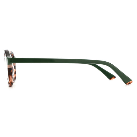 Zenottic Dylan geometric eyeglasses, side view with green acetate temples and tortoiseshell frame front.