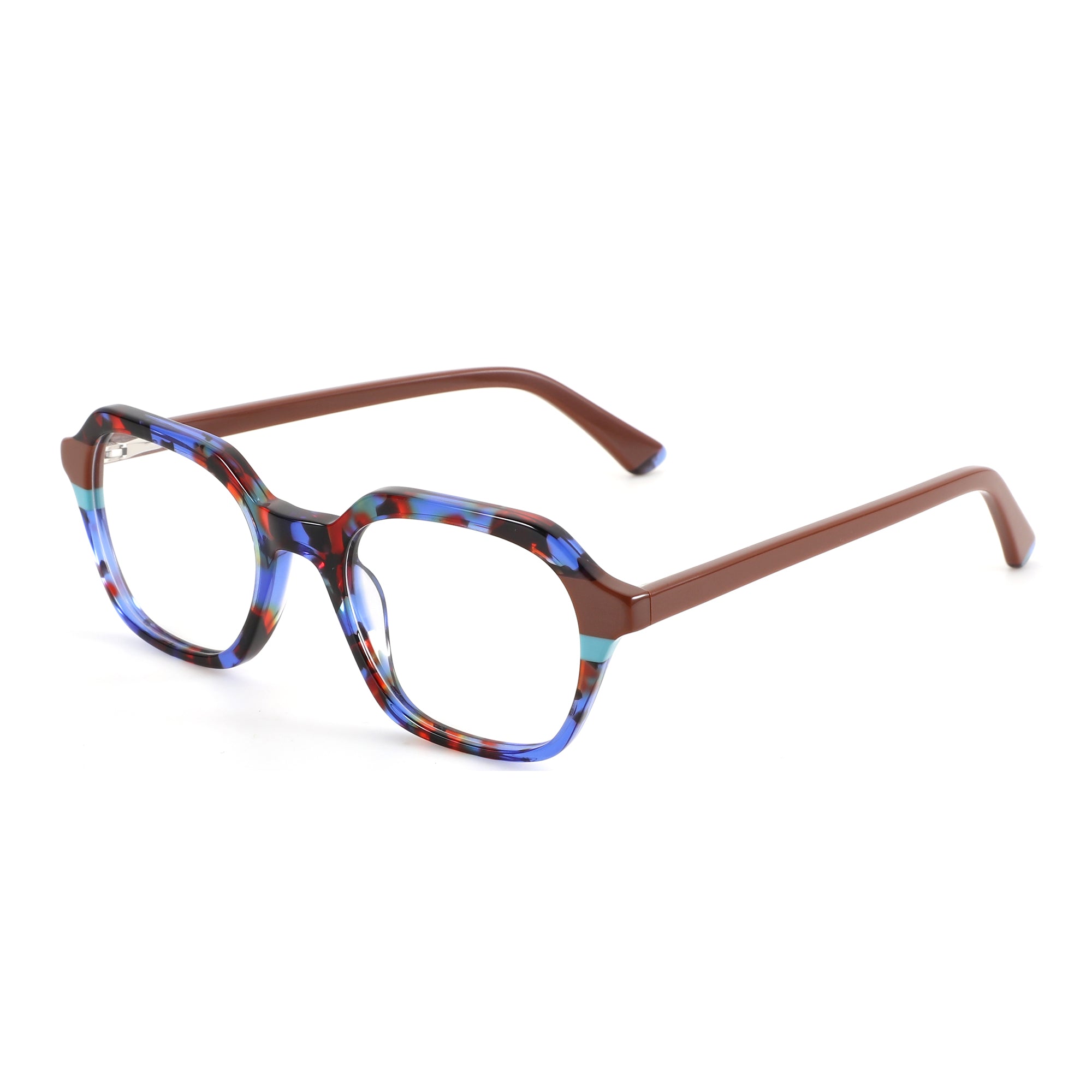 ZENOTTIC Dylan fashion geometric acetate glasses, multi-color speckled front, brown temples.