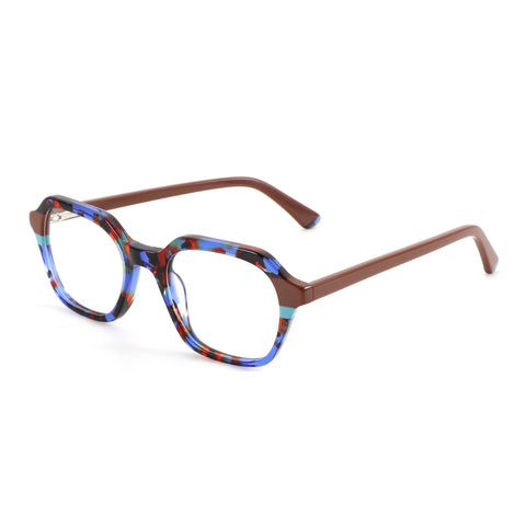 ZENOTTIC Dylan fashion geometric acetate glasses, multi-color speckled front, brown temples.