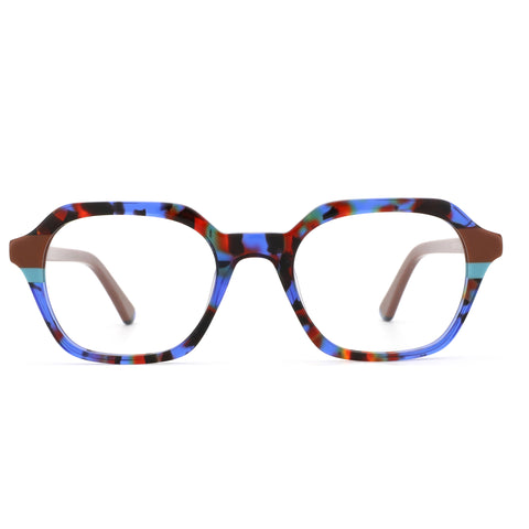 Zenottic Dylan geometric eyeglasses with multi-color acetate frame and brown temples.