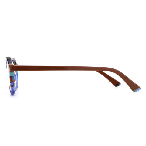 ZENOTTIC Dylan eyeglasses with brown temples and blue patterned geometric acetate front.
