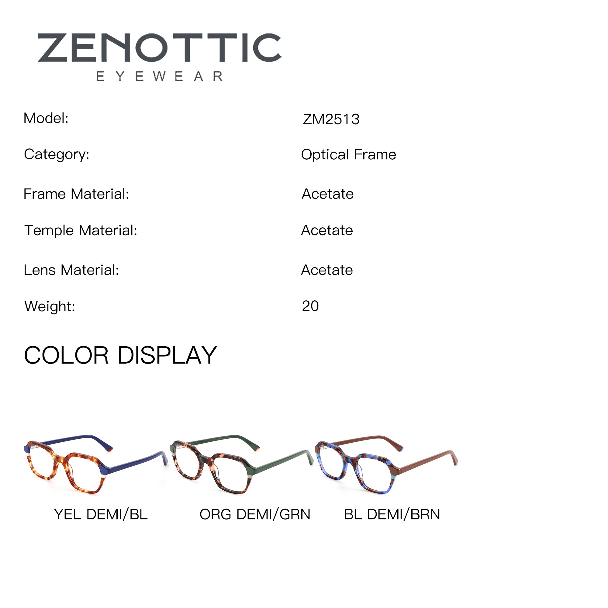 Zenottic Dylan eyeglasses: geometric acetate frames in Yellow Demi, Green Demi, Blue Demi.