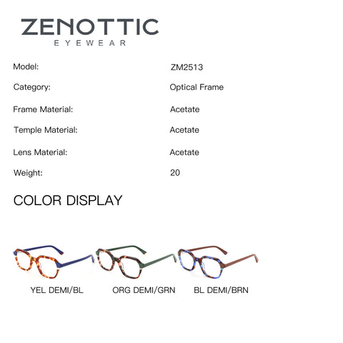 Zenottic Dylan eyeglasses: geometric acetate frames in Yellow Demi, Green Demi, Blue Demi.
