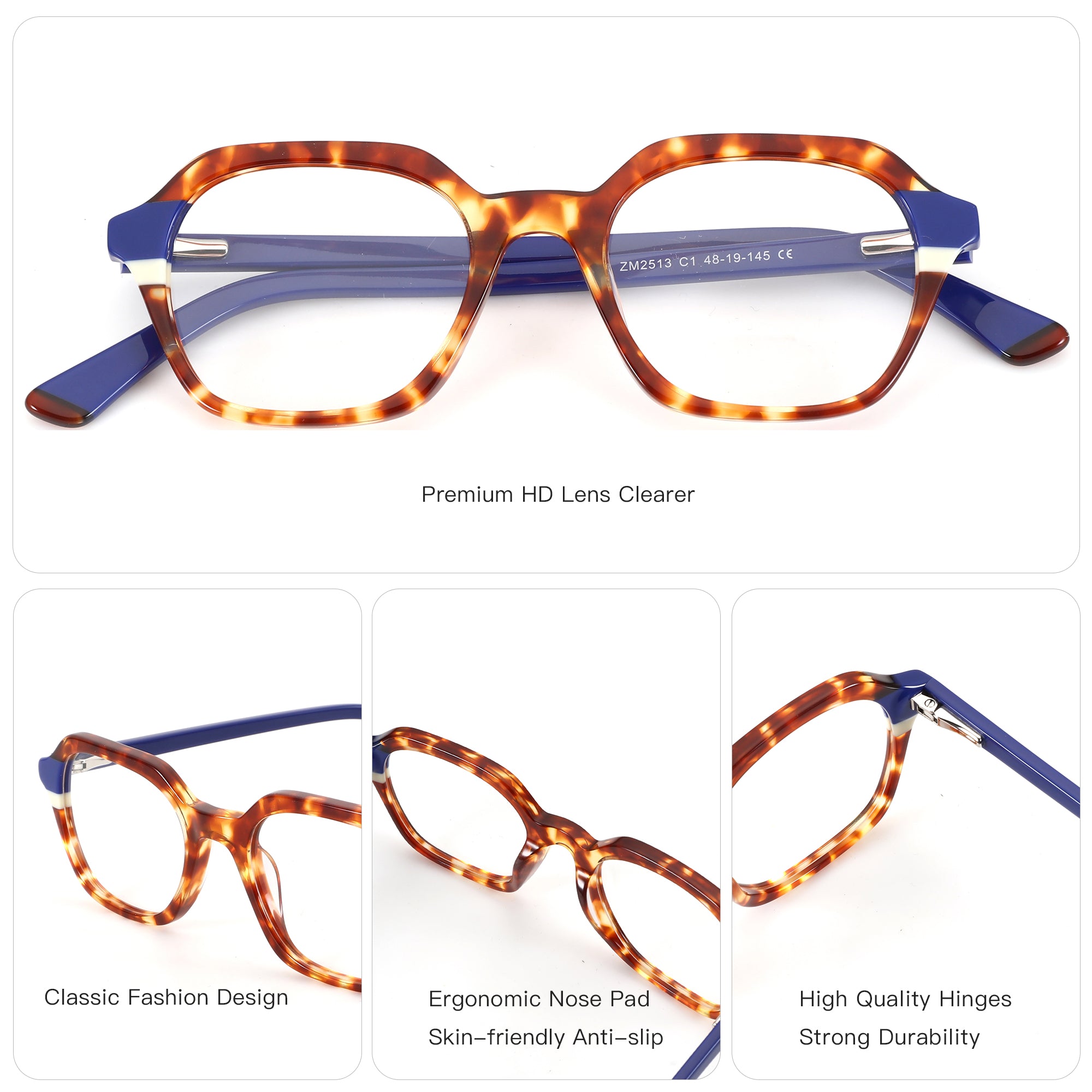 ZENOTTIC Dylan geometric eyeglasses with tortoise shell acetate frame & blue temples.