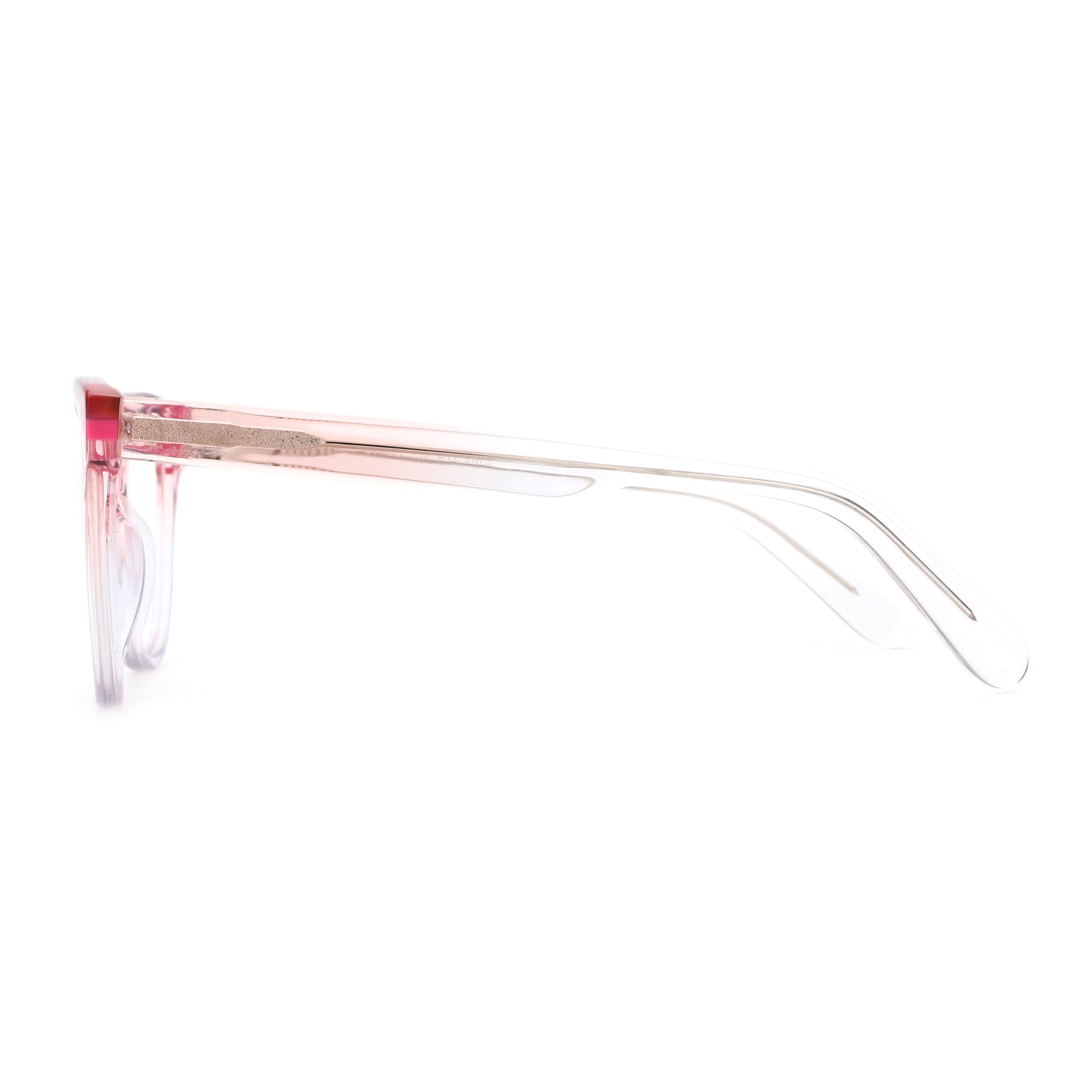 ZENOTTIC round eyeglasses, clear pink acetate frame with textured temple, side view.