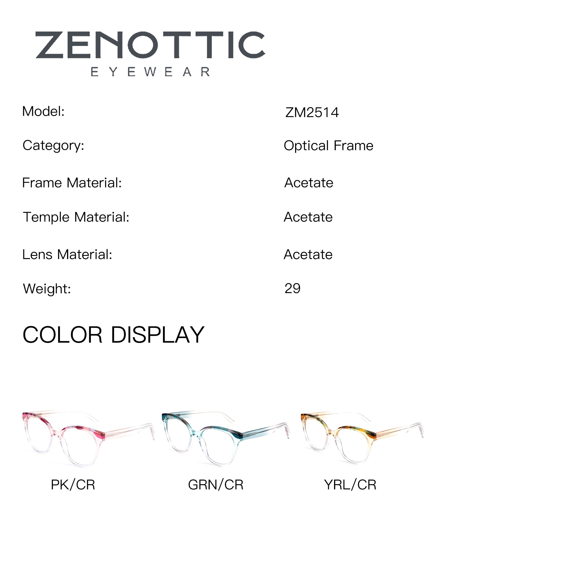 Zenottic ZM2514 round acetate eyeglasses with pink, green, and yellow color options.