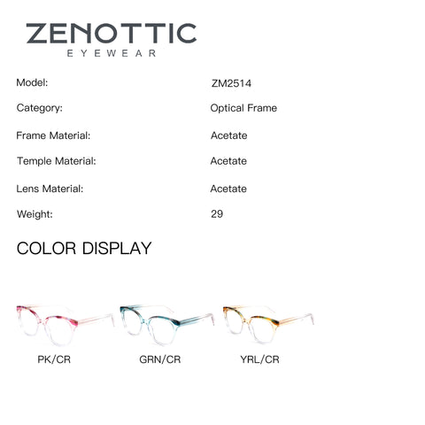 Zenottic ZM2514 round acetate eyeglasses with pink, green, and yellow color options.