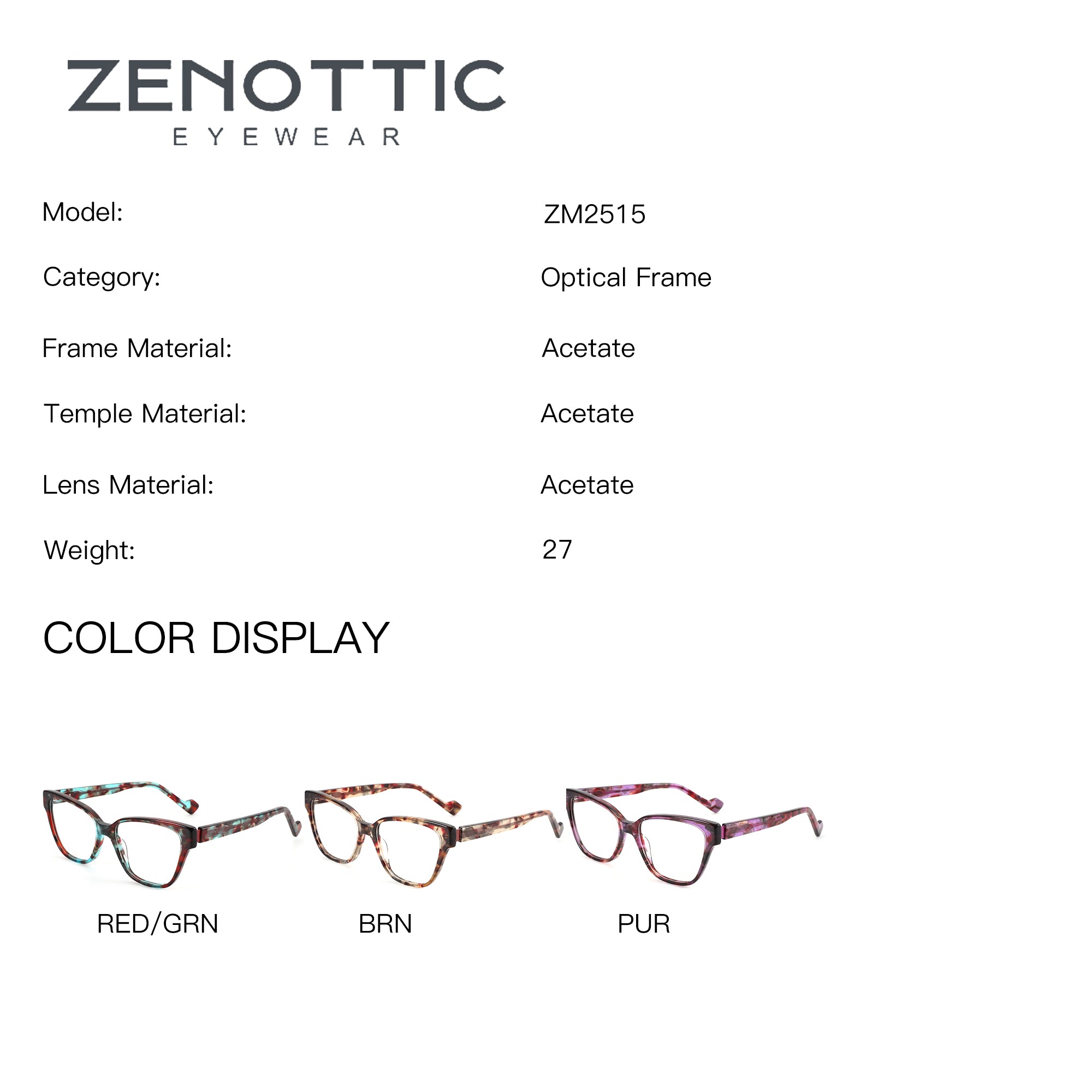 ZENOTTIC Revive square acetate eyeglasses ZM2515 available in RED/GRN, BRN, PUR.